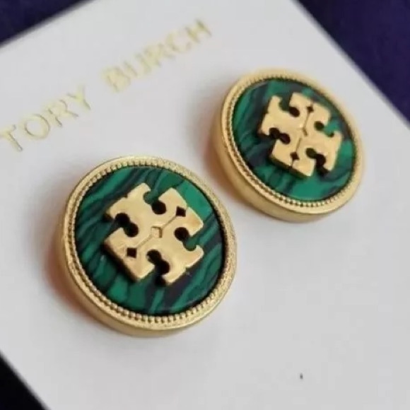 Tory Burch semiprecious green round button stud logo earrings - Picture 4 of 9
